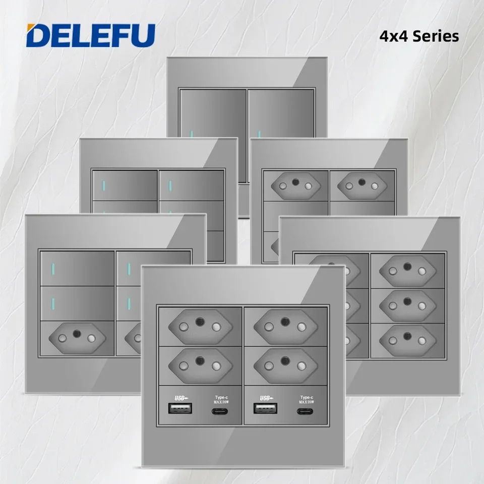 Delefu 4x4 Fireproof Glass Panel Brazil Standard Outlet Double USB Type C Wall Sumping Socket Svetlo Office Gray 10A 20A