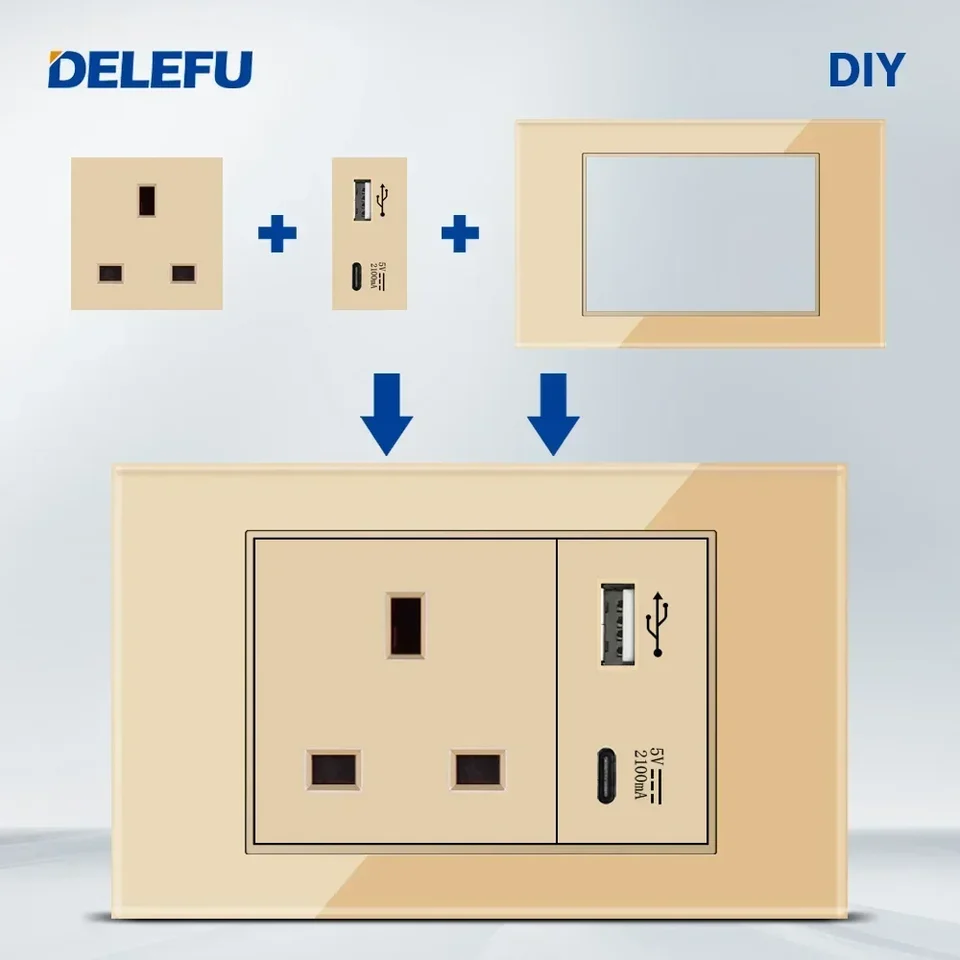Delefu English, Multifunkčný bezplatný kombinovaný počítač USB Type C Wall Socket DIY Gold