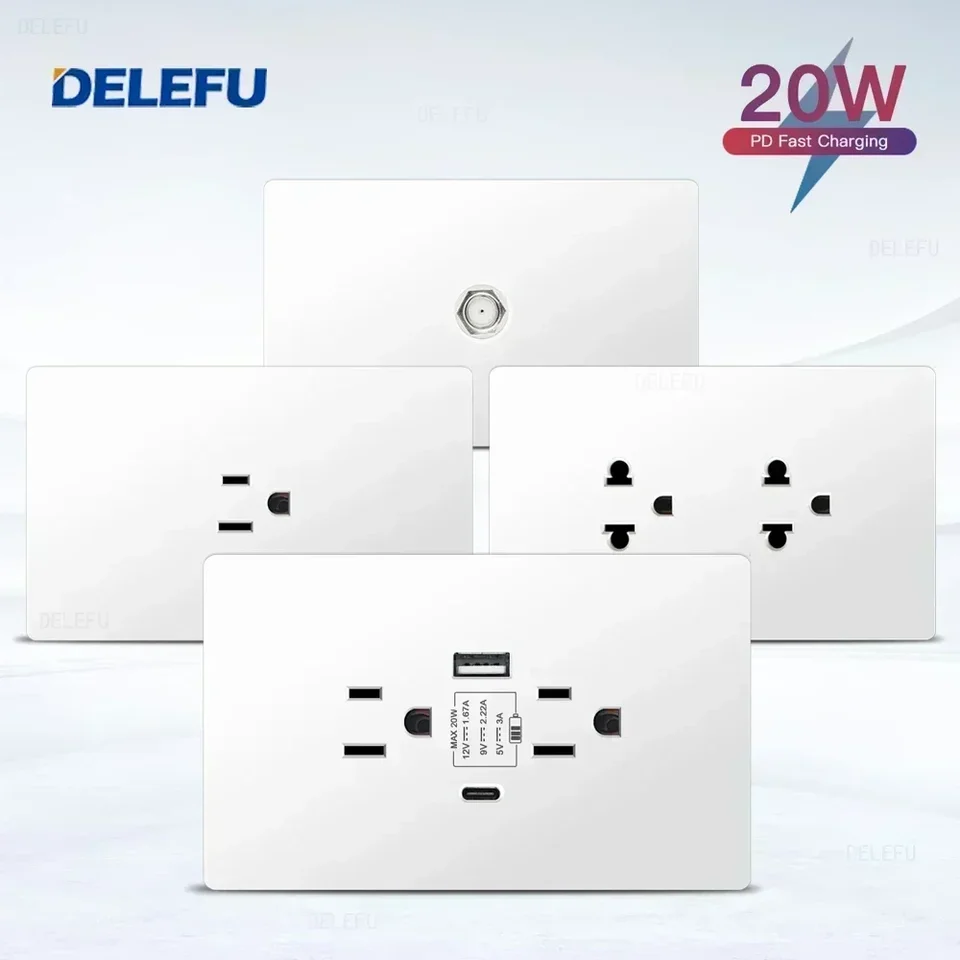 Delefu Flame Retardant White PC panel Mexiko štandardný typ C Rýchle nabíjanie US Socket 124*76 mm Spínač zásuvky na stenu