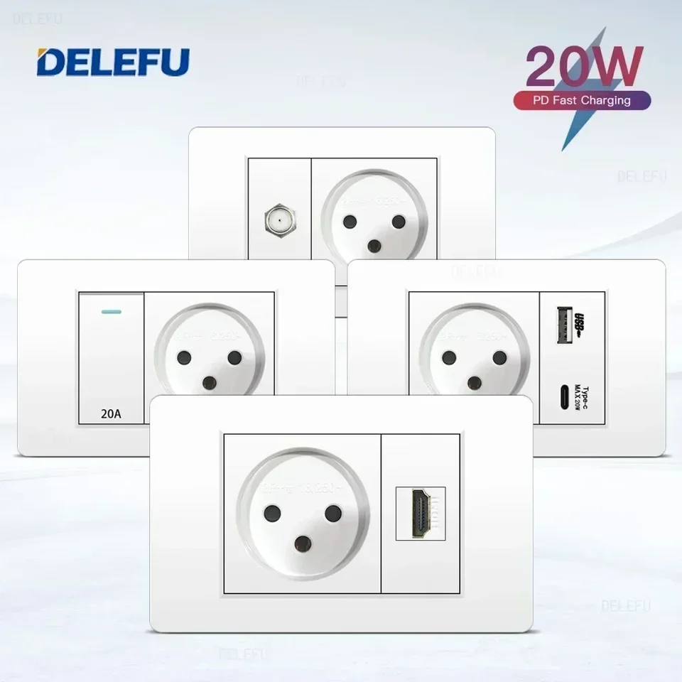 Delefu White Flame Retardant PC Izrael Štandardný USB Type C Rýchle nabíjanie steny Svedčkový prepínač Svetlo satelitné televízor Tel Cat5 Cat6