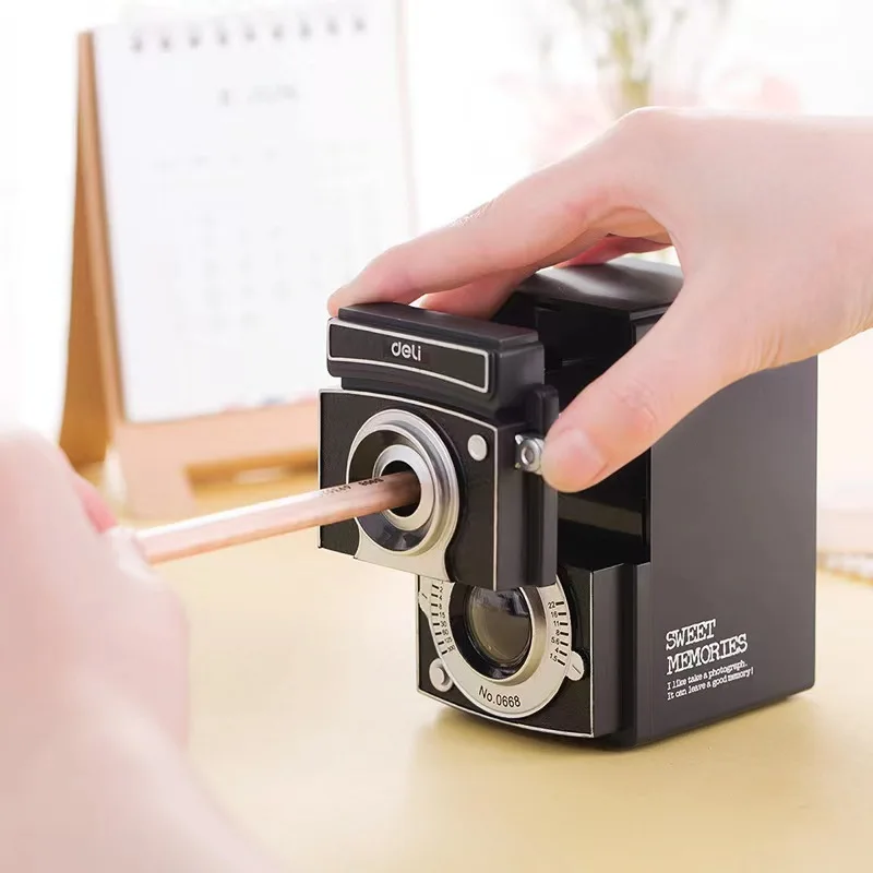 Deli rotačné orezávač ceruzky pre deti ručné kľukové orezávač ceruzkou Old School Dodávky retro kamery Sladké nástroje na zaostrenie