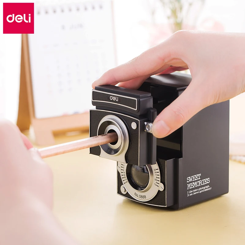 Deli rotačné orezávač ceruzky Čierna ceruzka Cutter Darčeková kamera Dizajn kawaii Barpener Nôž hladké zaostrenie pre školské potreby