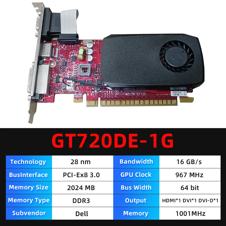 Dell NVIDIA GEFORCE GT720DE GT 720 DE 1G DDR3 9YJWT Grafická karta 64bit PCI Express 2.0 HDMI VGA GT720DE