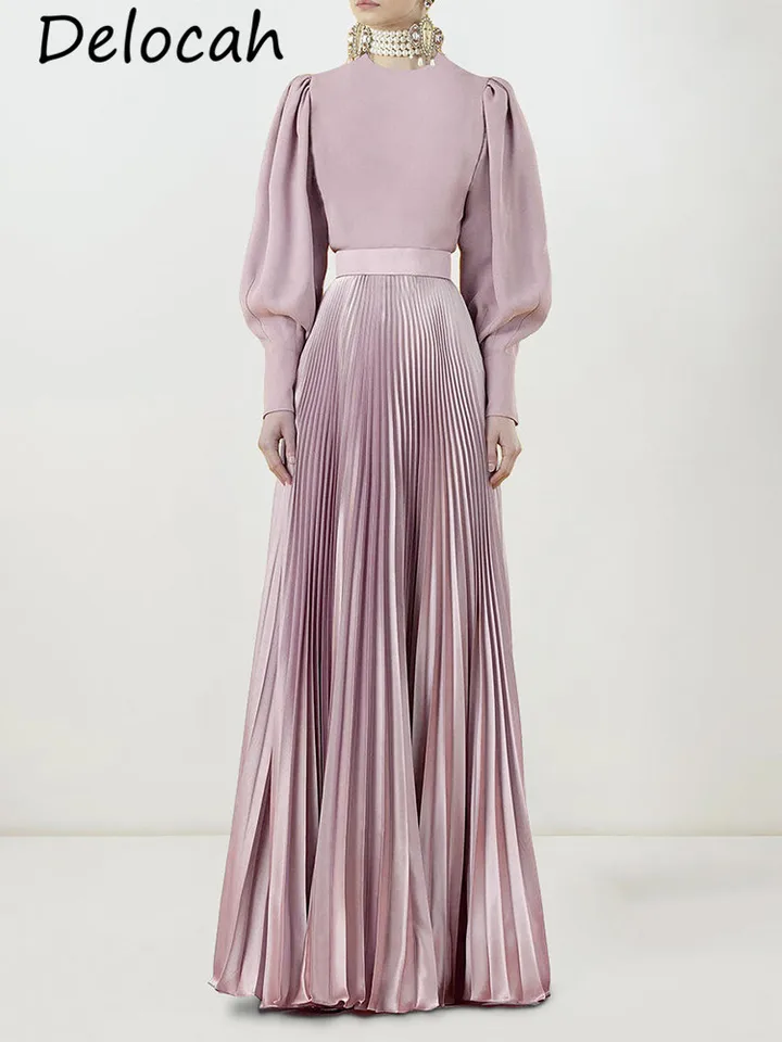DELOCAH VYSOKÉ KRAJINY PINK-PINK DAPE Dámske dámske dámske šaty Slim Pleat Satin Dlhé šaty 2024 Jarné a jesenné dámske šaty