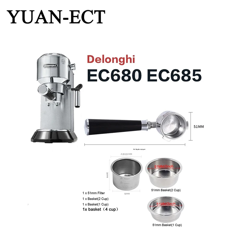 DeLonghi 51 mm káva bez dna bez dna 304 Nerezová oceľ 1 2 4 šálky Filtračný kôš pre EC680 EC685 Espresso Strojové náradie