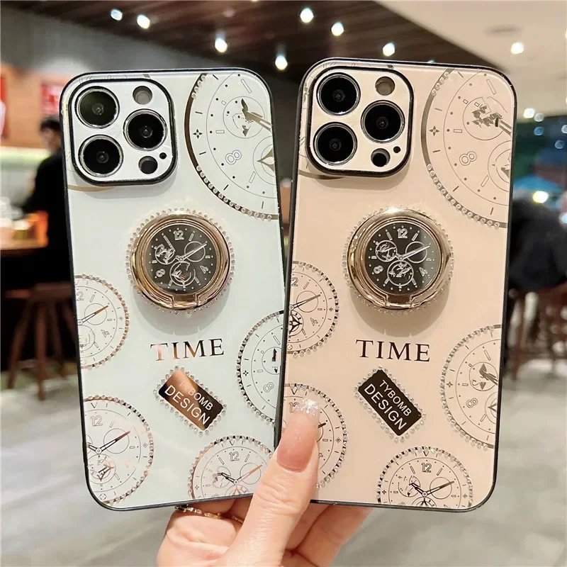 Deluxe hodinové diamantové puzdro pre iPhone 15 14 13 12 11 Pro Max 7 8 Plus s obalom na krúžok