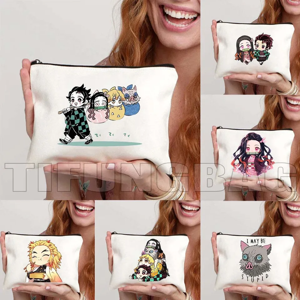 Demon Slayer Anime Kimetsu Kamado Nezuko dievča Inosuke Muichiro Tokito Tangiro Gifts Canvas Cosmetic make -up taška ceruzka Pase puzdro puzdro