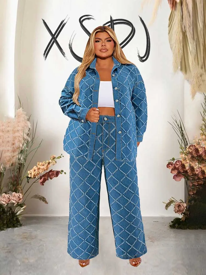 Denim 2 -dielna sada Dámske džínsy a bunda Zimné príležitostné oblečenie s dlhým rukávom Denim Denim Plaid Coat a Pants Sets plus veľkosti oblečenia
