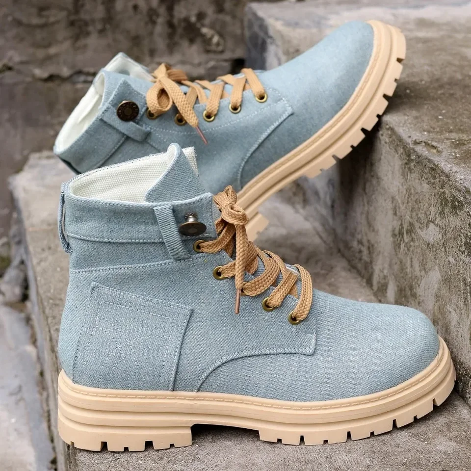 Denim Dámske topánky 2025 Spring/jeseň Nové hrubé solované členkové topánky pre ženy šnurované pracovné topánky Dámske topánky Platform Platform