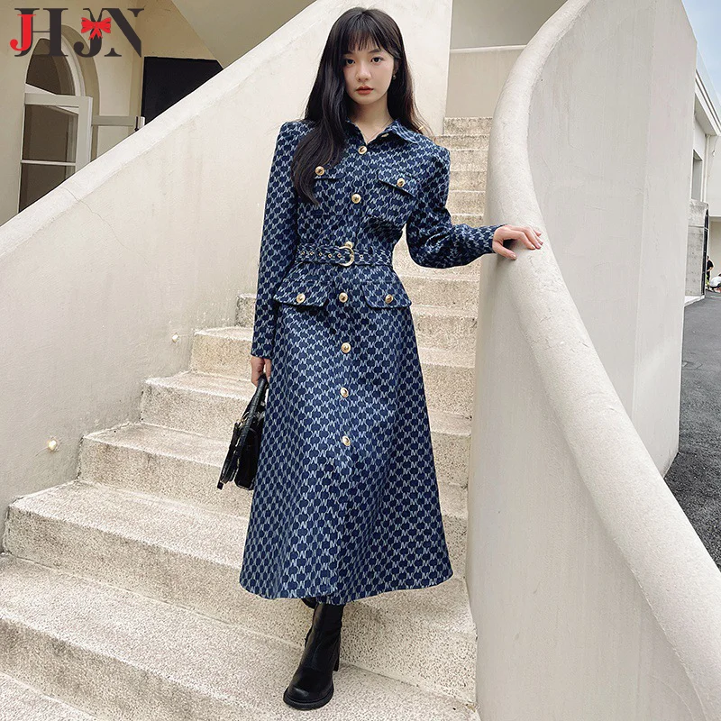 Denim Jacquard Letter Dlhé šaty Dlhé šaty jemné temperament móda vynikajúca kvalita Trend luxusné dámske oblečenie
