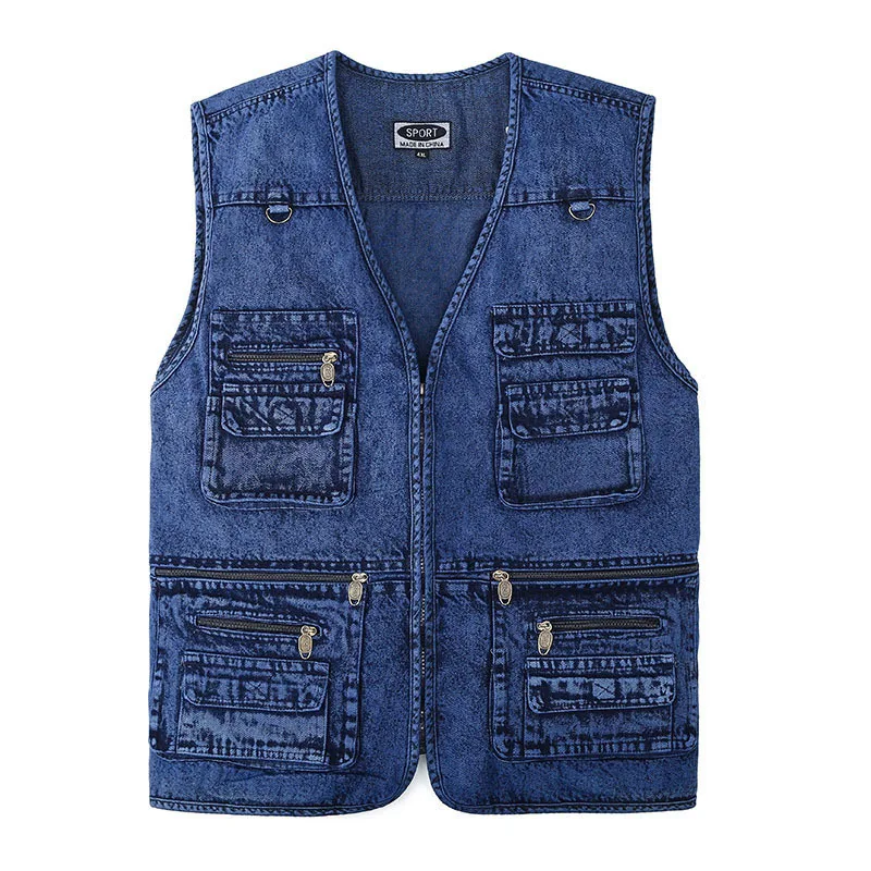 Denim Men Vesta bez rukávov Bunky modrá náhodná rybárska vesta s mnohými vreckami mužská vesta