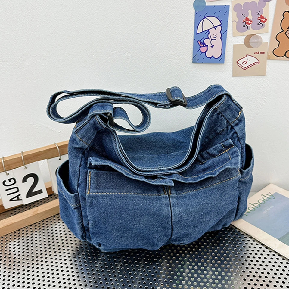 Denim Messenger taška pre ženy tote tašky módne ramenné taška na ramená veľká nákupná kniha nastaviteľná remienok Trendy elegantné hobo crossbody taška