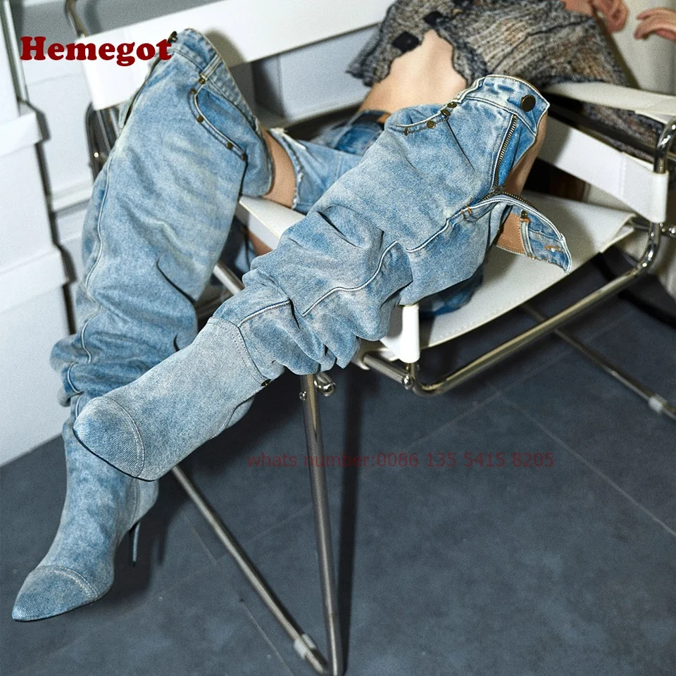 Denim nohavice topánky topánky špicaté špičky skladané cez kolenné topánky pre ženy zima 2024 Príležitostné nity vreckové dekorácie Patchwork luxusné topánky
