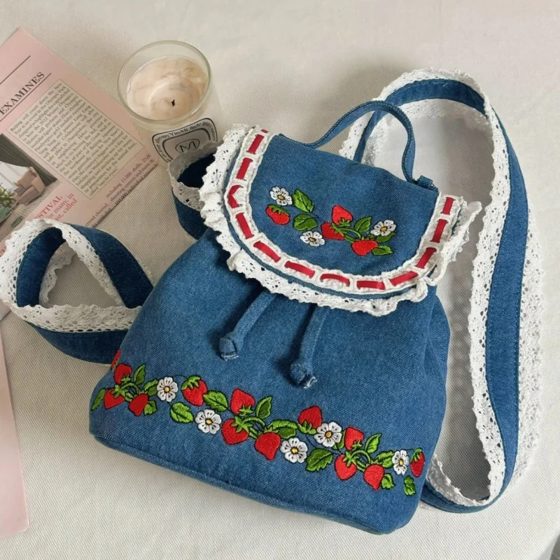Denim Strawberry Flower Lace Backpack Casy Schoolbag Kabelka Študent voľného času cestovný dochádzajúci batoh