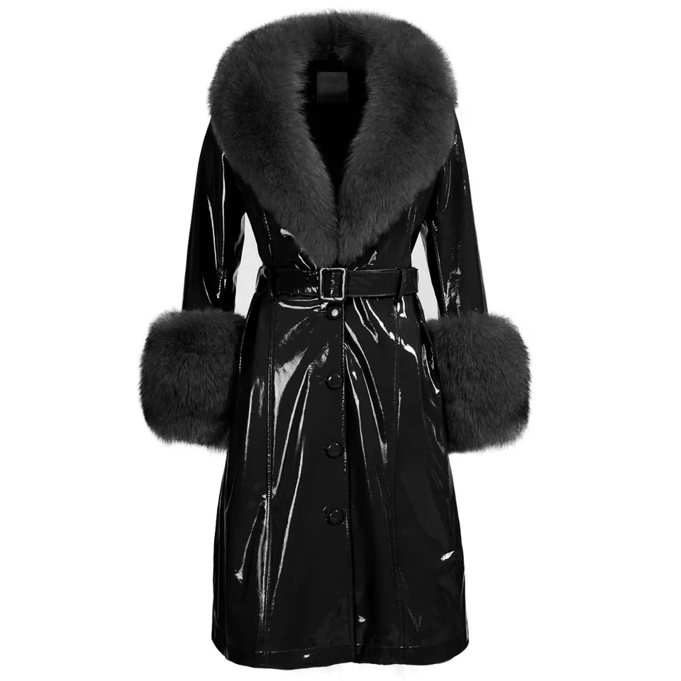 Denny & Dora Black Women Real Fox Fur Collar Plus Coat Coat Dlhý originálny kožený kabát