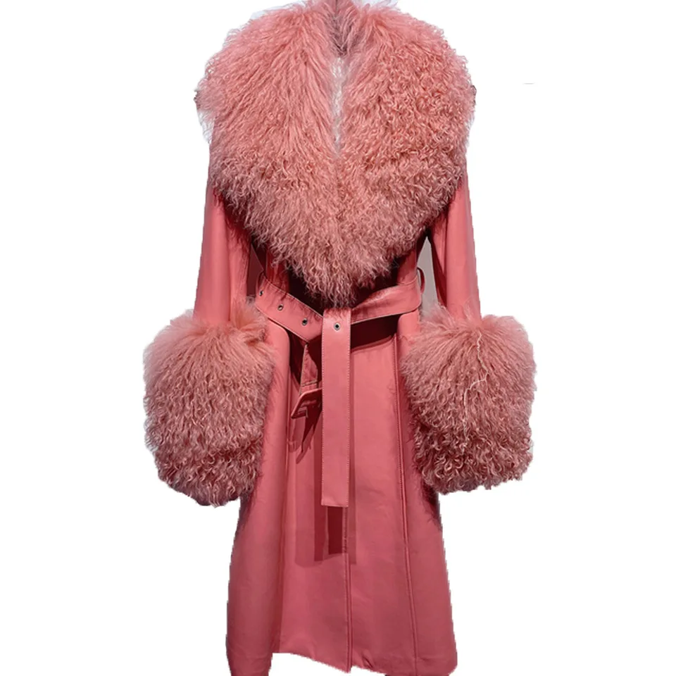 Denny & Dora Pink Women Mongolia Sheep Collar Coat Originálny kožený priekopa plus veľkosť