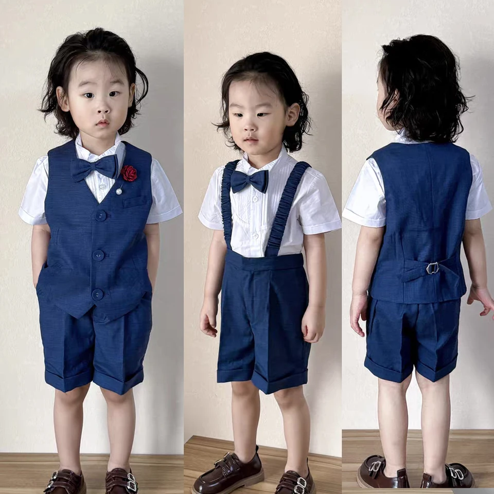 Dentleman Outfits Narodeninové kostýmy pre chlapcov deti letné jesenné butikové oblečenie set Solid Vestu oblek pre deti bavlna formálne