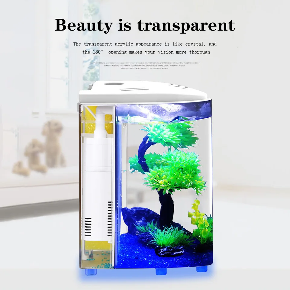 Desktop Fish Tank Mini 1,3 galónu akrylové akvárium s umelou vodnou rastlinou Malé rybné nádrž s dĺžkou smiešneho svetla pre domov