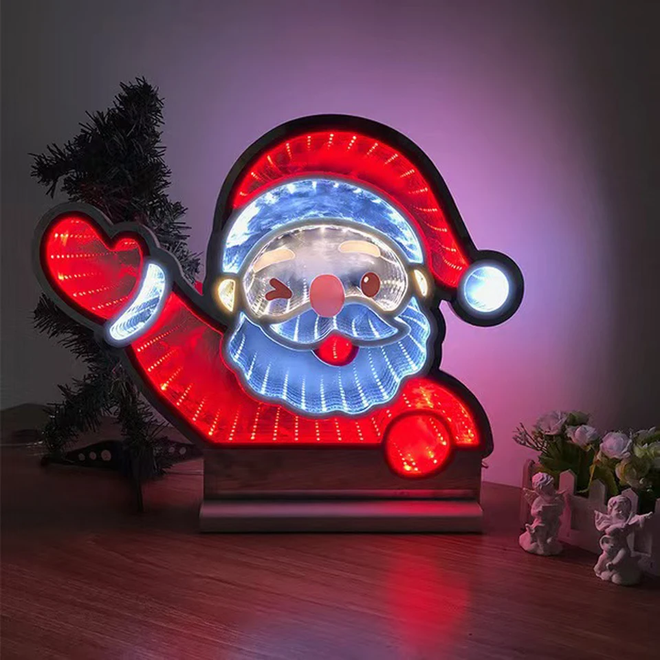 Desktop Vianoce roztomilý Santa Claus obojstranná LED žiarovka zrkadla 3D tunel zrkadlo Domáce dekorácie LED Nočné svetlá