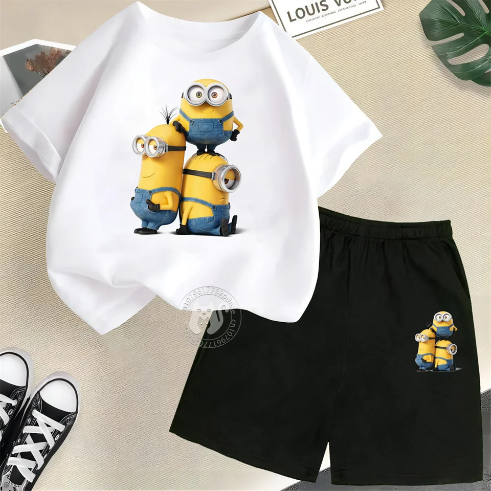 Despicable Me 2 Kids Summer 100% bavlnená prisluhovači tlače dospievajúci krátke rukávy + kraťasy módny oblek pre chlapcov a dievčatá