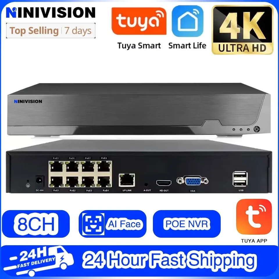 Detekcia tuya face h.265 8ch*4K Poe sieť Video rekordér Sledovanie Poe nvr 8Channel pre HD 8MP 5MP IP Cameas Smart App