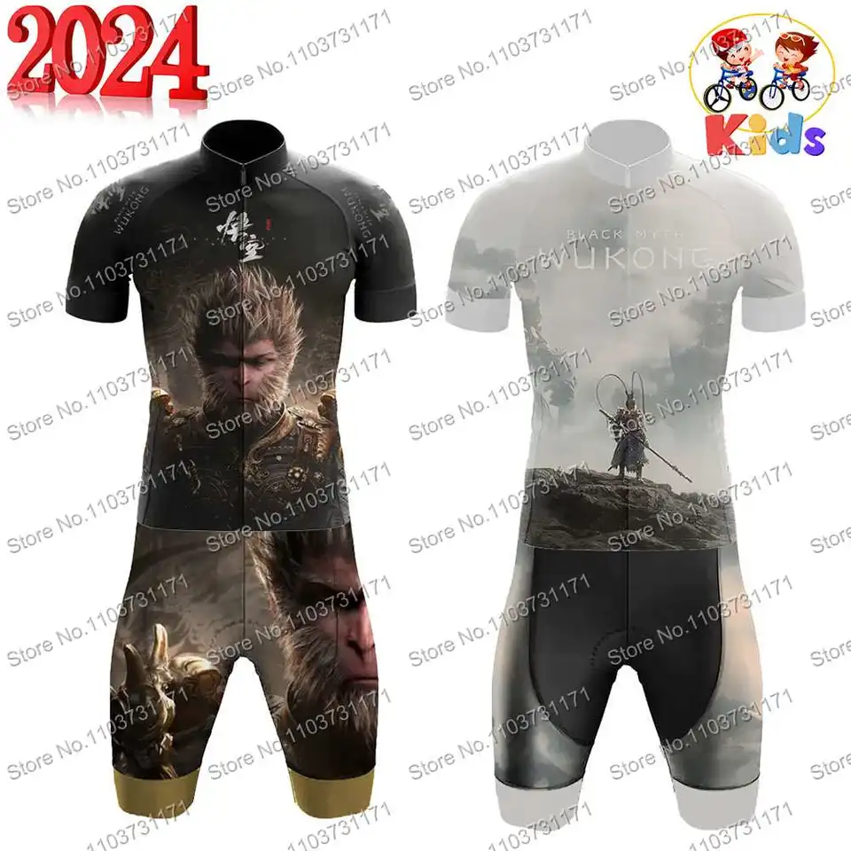 Deti 2024 Čínsky štýl Cycling Jersey Set Black Monkey King Clothing Suit White Road Bike Tirls Suit Bicycle Short MTB Maillot