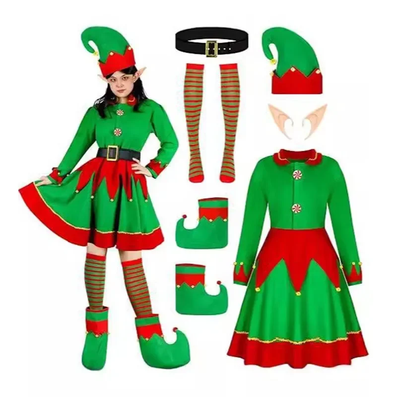 Deti a dospelí vianočné kostýmy škriatkov, kostýmy Santa Claus, Green Elfovia, Halloween Cosplay, 2024 nových výrobkov