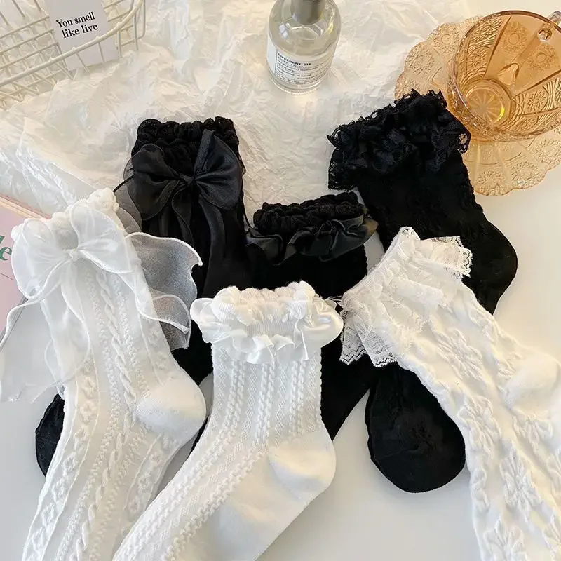 Deti Black White Lace Lace Ponožky Summer Bow Mid Tube ponožky