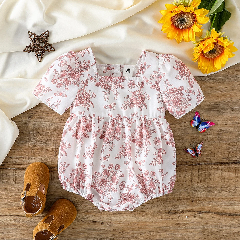 DETI Dievčatá Spring/leto 2025 Krátke rukávy tlač kvetinová módna kombinéza pre neformálne oblečenie 0-1y