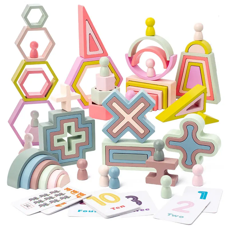 Deti dúhové bloky Drevené hračky Montessori Geometrické tvary Skladané kamene vyvážené hry sada čísla vzdelávacích hračiek vzdelávacie hračky