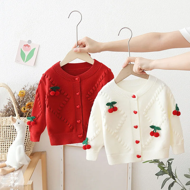 DETI GIRL Jeseň Knitwear Mardigan 2024 Čerešňové mäkké dieťa Dievčatko Sleok Svetter s dlhým rukávom Toddler Girl Open Stitch Coats