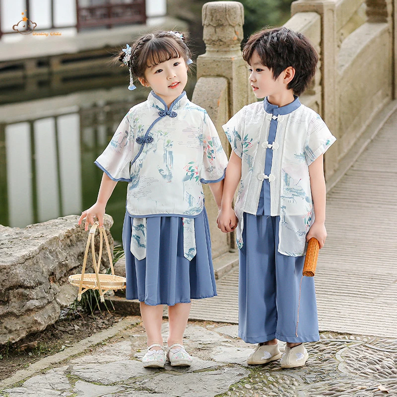 Deti hanfu letný čínsky štýl deti Tang Suit Girl qipao top sukňa hanfu cheongsam šaty chlapec orientálne košele nohavice obleky