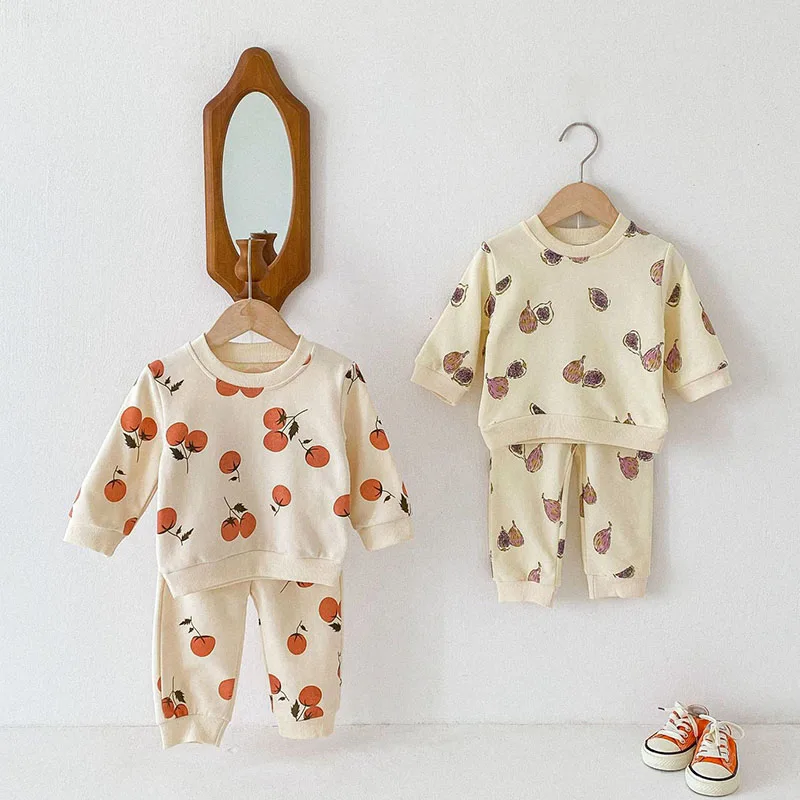 Deti jesenné oblečenie Set Girls roztomilý tlač fig oranžový pullover + tepláky 9 m-4T Karika