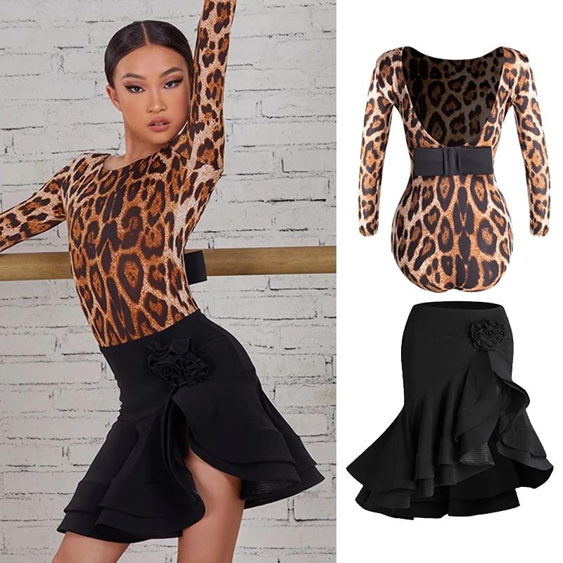 Deti latinské tanečné oblečenie Dievčatá leopardové topánky Tops čierna sukňu tréning oblečenie Cha Cha Rumba Dance Training Performance Performance NV19559