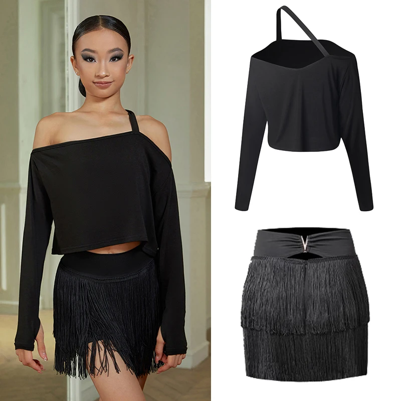 Deti latinské tanečné oblečenie Dievčatá Loose Tops Black Fringe sukňa s dlhými rukávmi Latinský tréning Noste cha cha samba šaty dnv18552