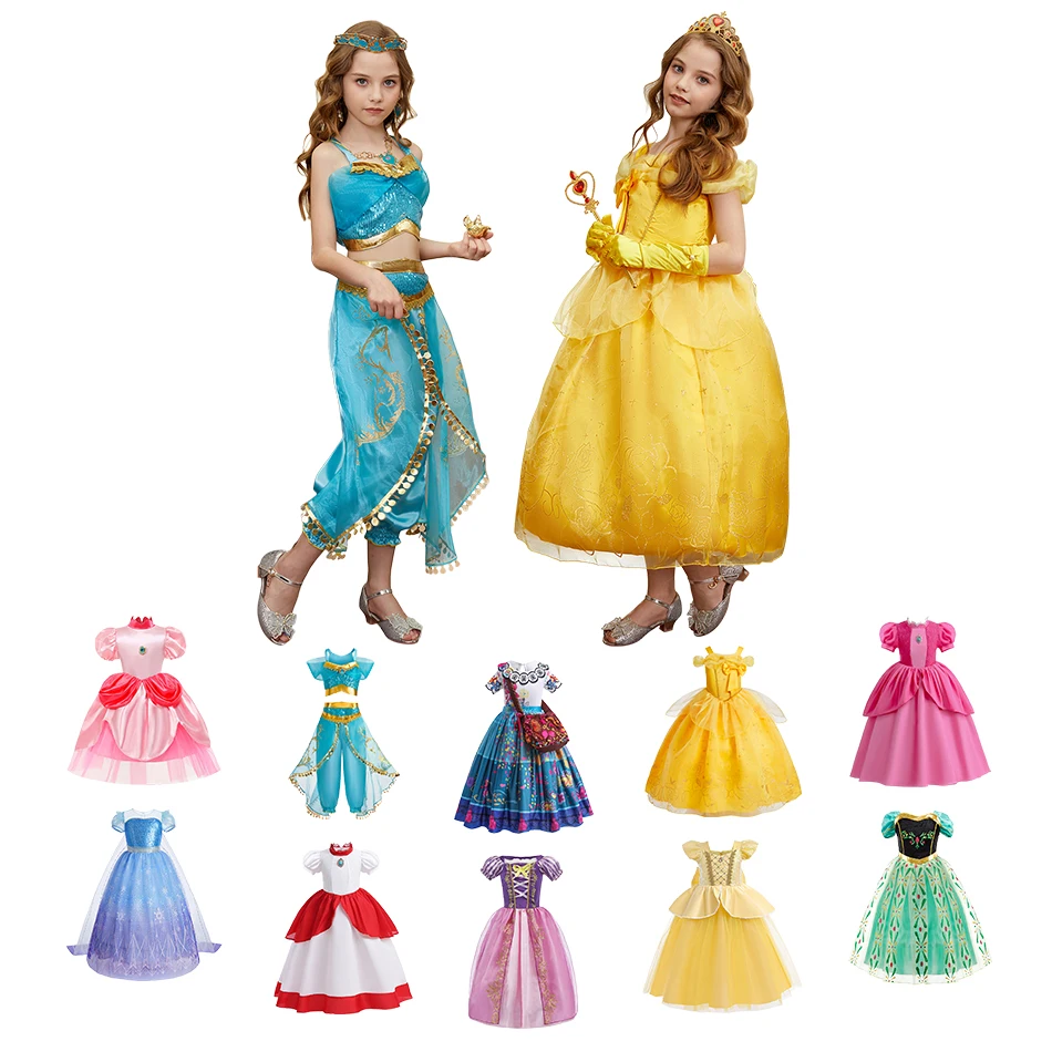 Deti letné kostýmy Dievčatá Bell Anna Rapunzel Snow Queen Ball Vestidos Kids Vianoce ozdobné vystúpenie luxusné šaty Cosplay