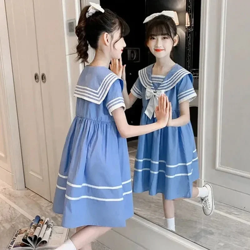 Deti letné oblečenie Príležitostné šaty deti Sailor v štýle Vestidos Girls Academy Academy Princess Bow Gown Teenager Fashion Turndown