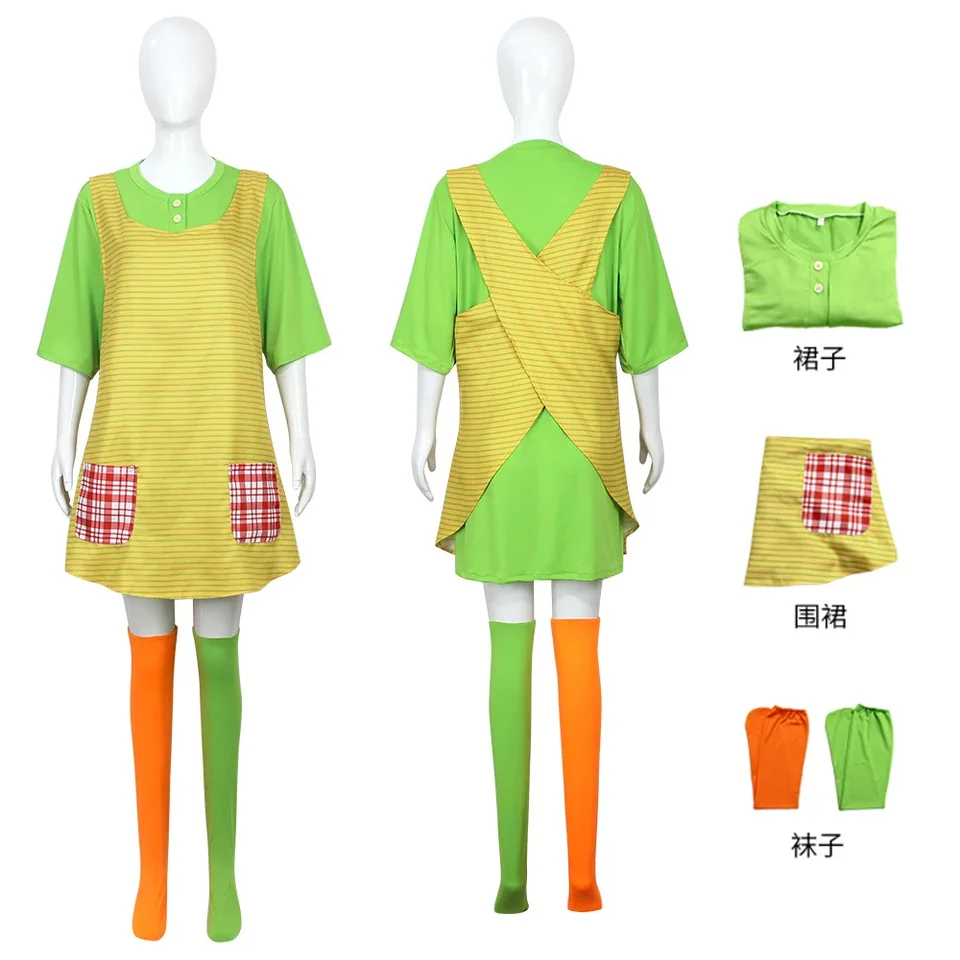 Deti Longstocking Pippi Cosplay kostým pre chlapcov dievčatá zelené šaty s zásterovými ponožkami Set Kniha Kniha Kniha Halloween Party Outfit
