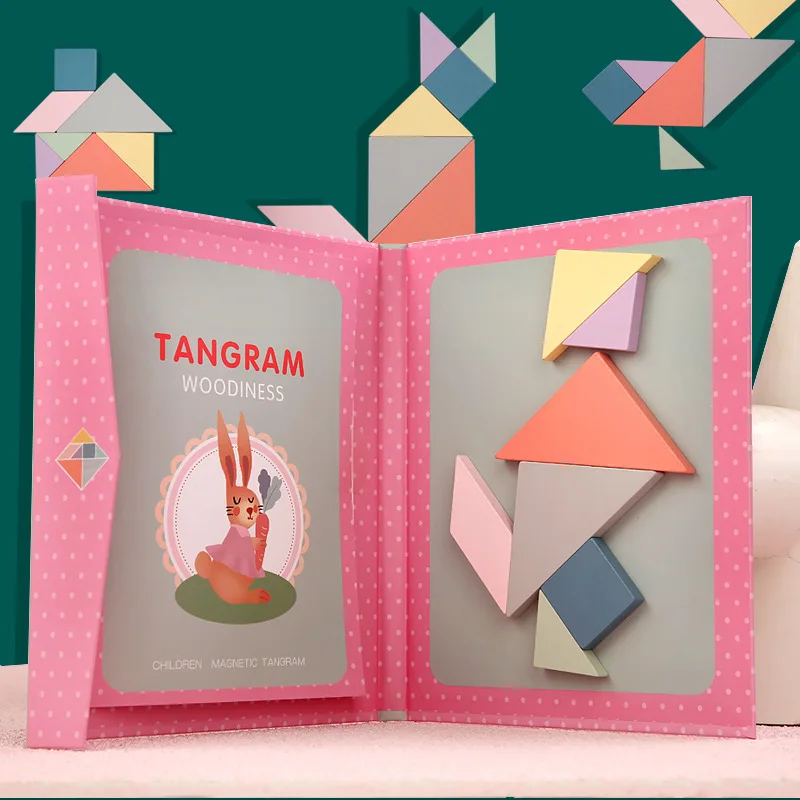 Deti magnetické drevené drevené skladacie bloky Blokovanie hry Tangram Intelligence STEM Montessori Vzdelávací darček pre deti