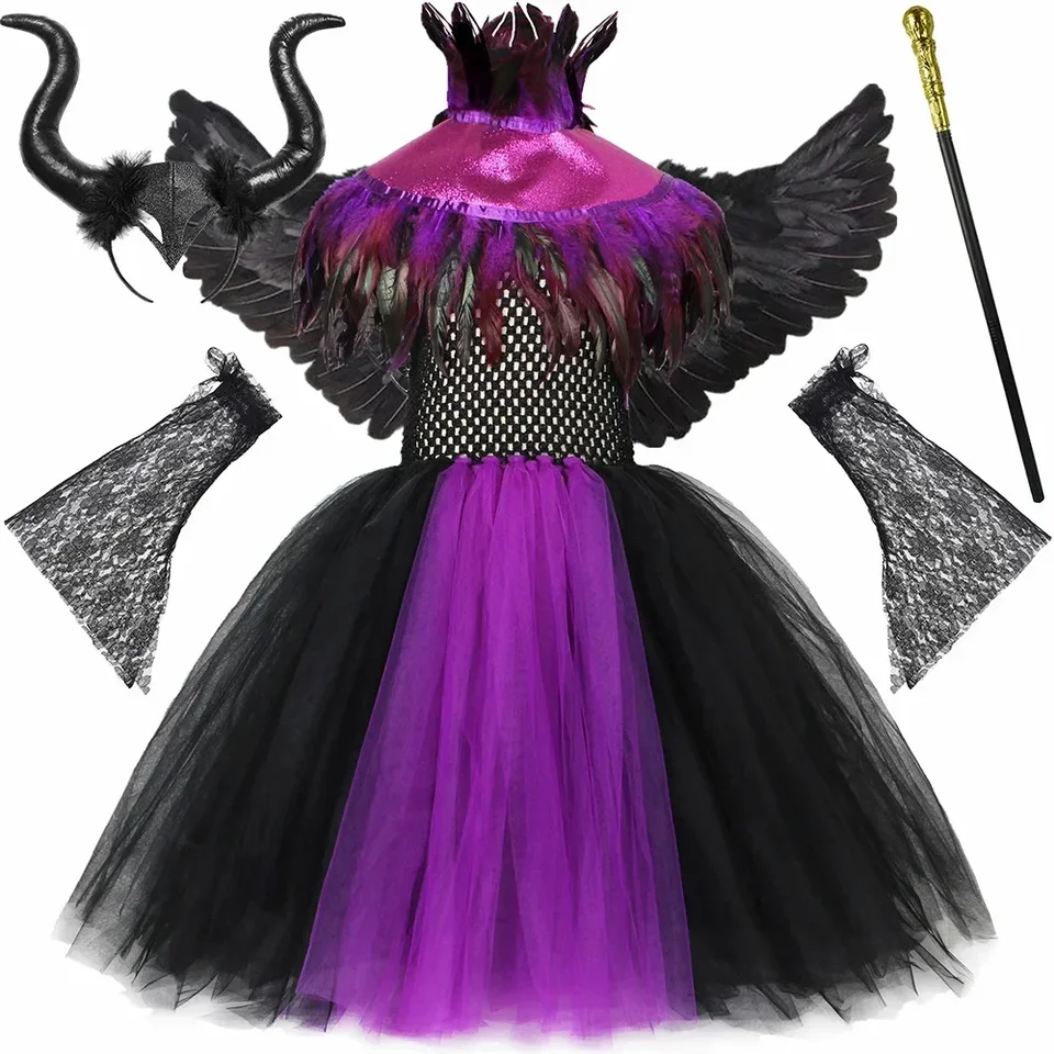 Deti Maleficent Witch kostým pre dievčatá fialová čierna gotická tutu šaty perie Cape Toddler Girl Halloween zlí kráľovná kostýmy