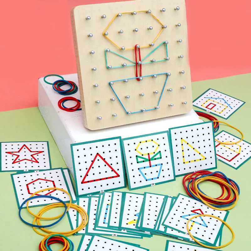 Deti matematické drevené hračky set geometrický tvar gumová kapela na klincovú hru Montessori Educational Creative Toy Fine Motor Training