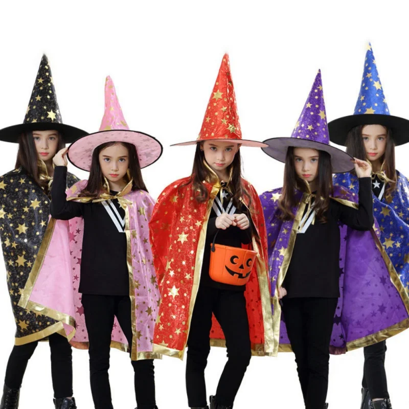 Deti plášť s čarodejníckym klobúkom Boys Dievčatá Cosplay kostým dospievajúci Čierne fialové červené karnevalové fotografie rekvizity deti vianočné mys