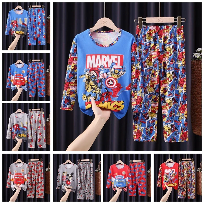 Deti pyžamy set s dlhým rukávom T košeľa nohavice Mickey pyžamas kidy chlapče dievča pijamas karikatúra Marvel Spiderman jar spánok