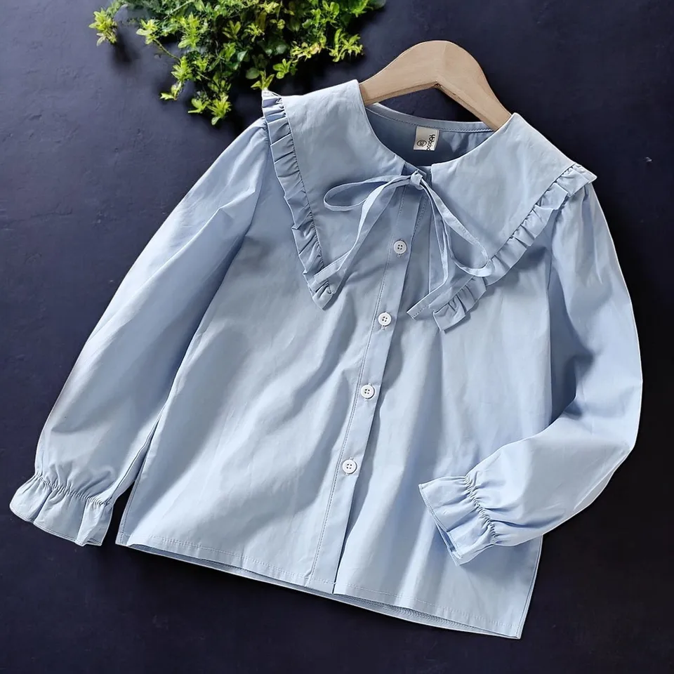 Deti Ruffle Blue Školské košele pre dievčatá blúzky biele jar jeseň Longsleeve Detské oblečenie pre tínedžera 6 8 10 12 13 rokov