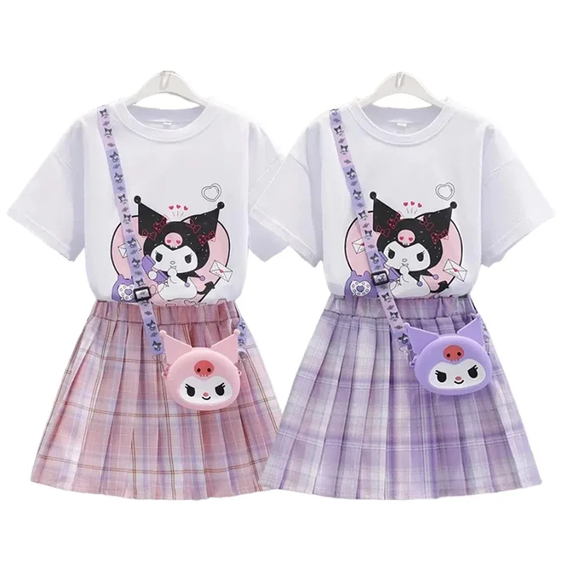 Deti Sanrio Kuromi Suk sukňu Summer dospievajúci dievčatá s krátkym rukávom Karikačné tričká Tops+Plaid Preaked Suk sukňa 2pce set Preppy Dress