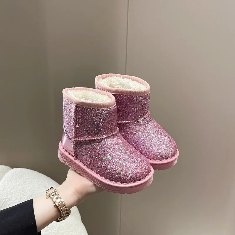 Deti sneh teplé topánky deti High Top Top ležérne trblietky Flitry princezná topánky zimné hrubé dno, ktoré nie sú skĺznuté ploché bavlnené topánky