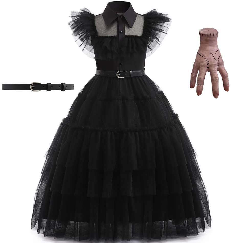 Deti stredné šaty Dievčatá karnevalová párty čierne oblečenie detská rola hrať večerné rukávy Fantasy Addams Halloween kostým