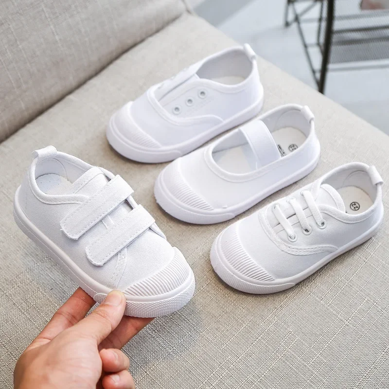 Deti všetky biele plátno topánky Študent Casy Kids Loafers 2023 School Boys Girls Dievčatá mäkké spodné látky tenisky Sune Shoe G06185