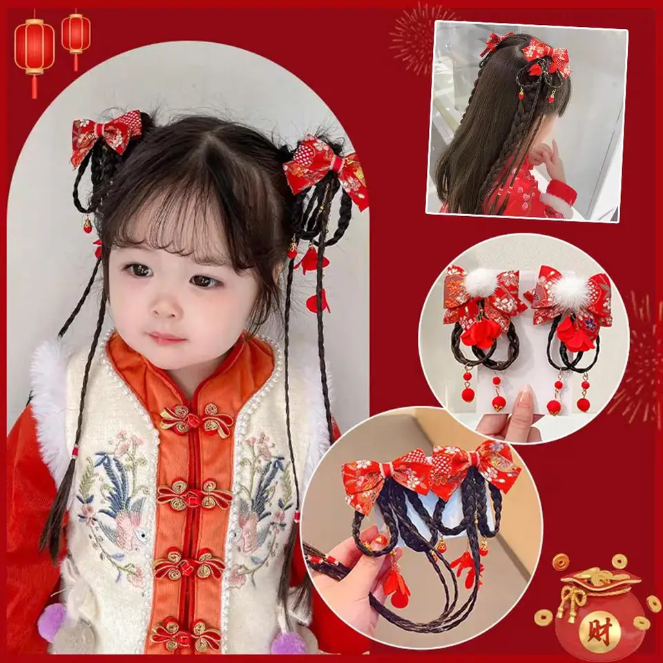 DETI ČERVENÉ KRIPOVÉ VOZIDLA Jednoduché korunky plyšové Hanfu Hair Girls Sladké čínske barety bowknot palice Rok Krásna nová hlava z9m3