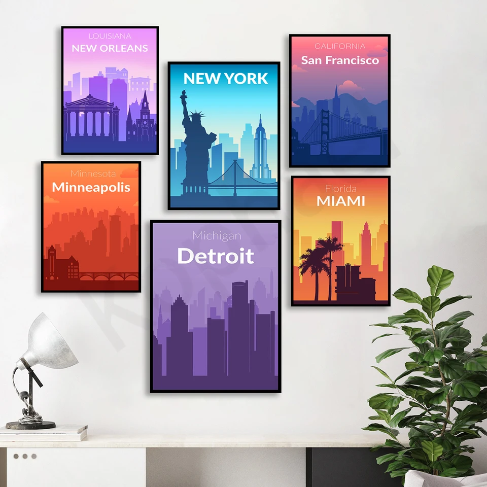 Detroit. New Orleans. New York. Washington. Milwaukee. San Francisco. Minneapolis. Miami. Plagát mestskej cestovnej krajiny